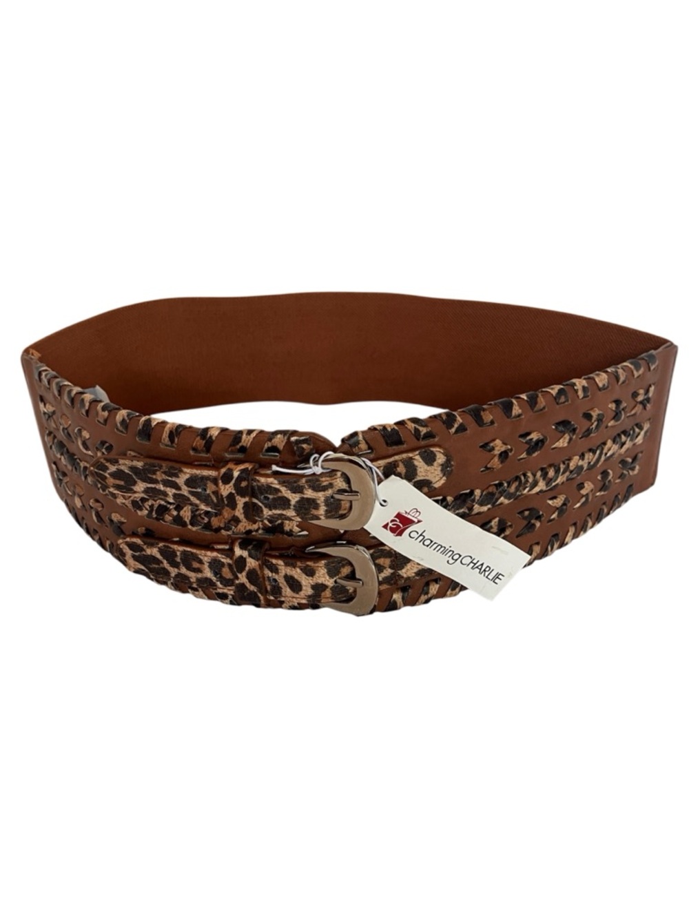 Charming Charlie Tan Wide Braided Faux Leather Dual Buckle Belt Leopard Straps